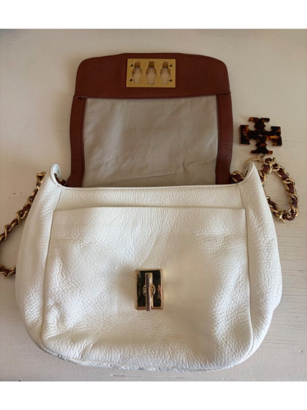 Vintage Tory Burch Leather Convertible Shoulder Chain Link Crossbody Handbag - Picture 8 of 14